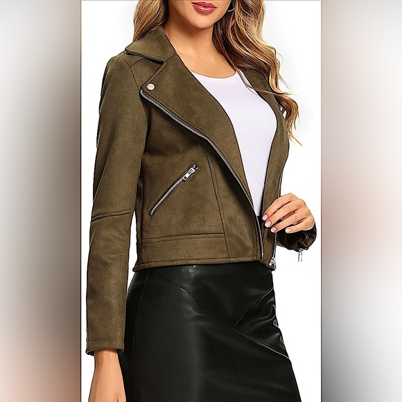 Womens Moto Biker Suede Jacket- Dark Green - Picture 3 of 5